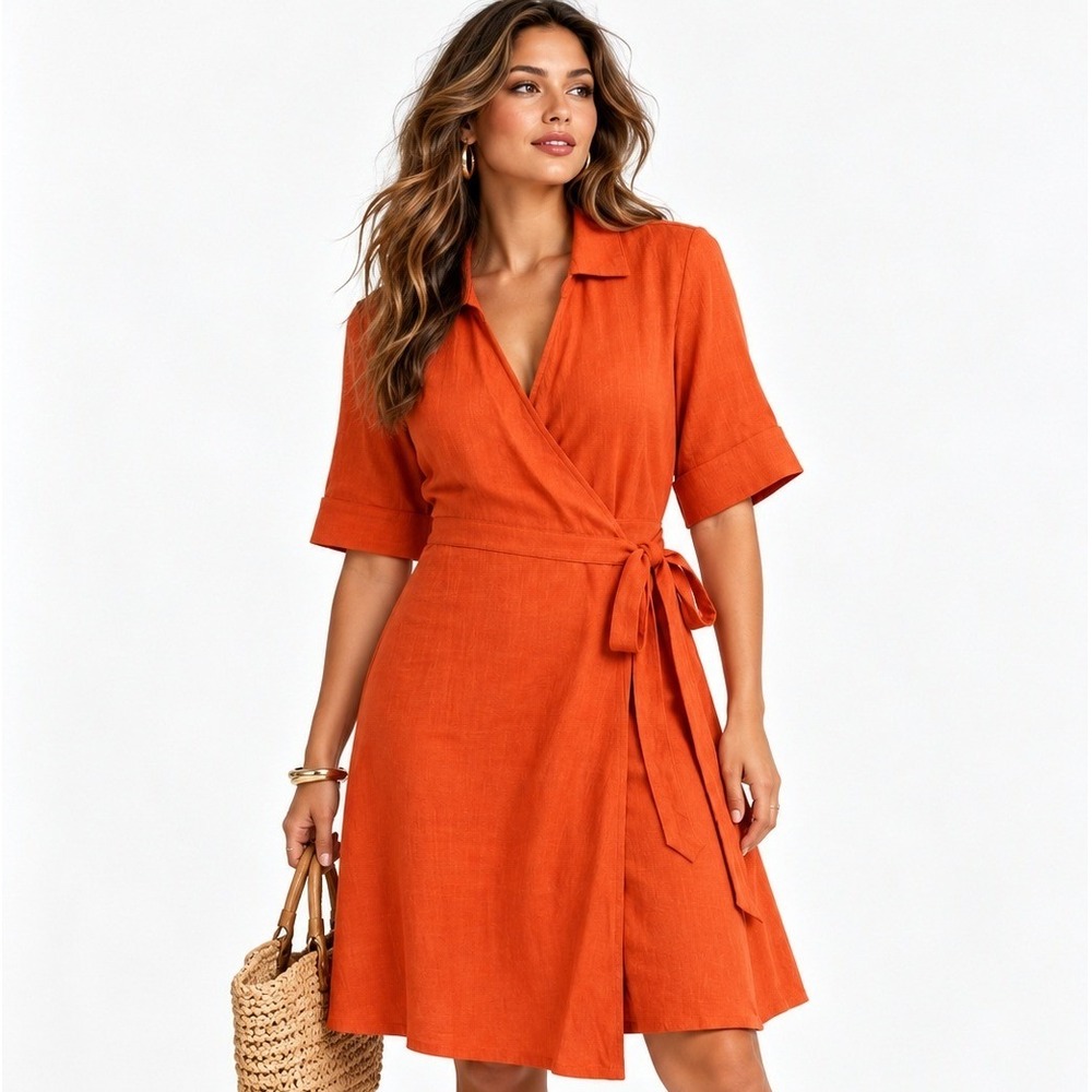41 Hawthorn Miranda Linen Blend Shirt Dress Orange Wrap Short Sleeve Large